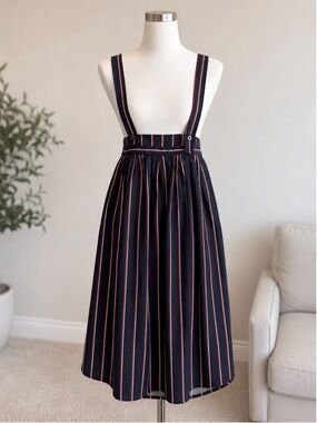 Navy Pinstripe Suspender Midi Skirt